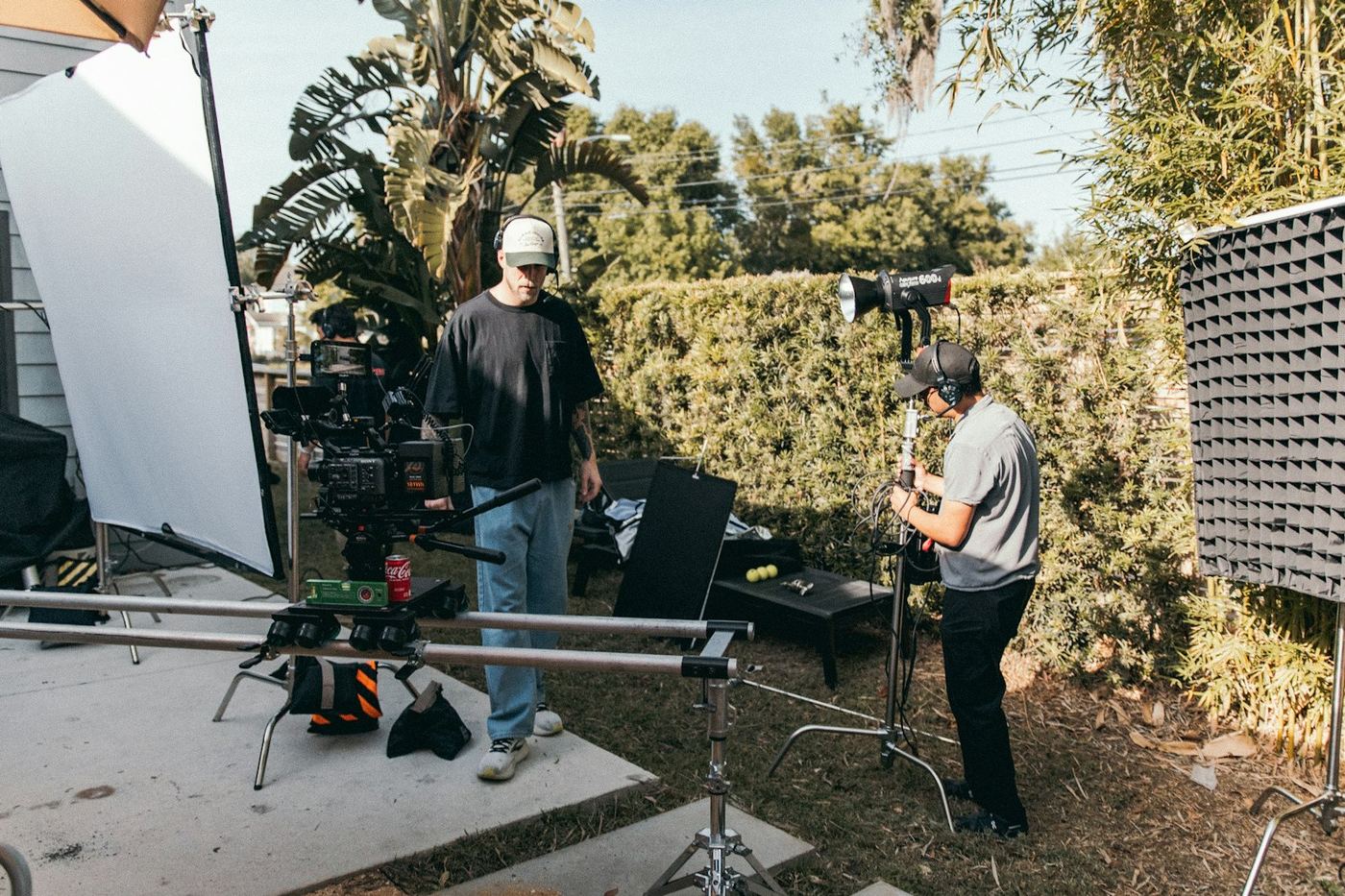 Film crew preparing for an outdoor shoot